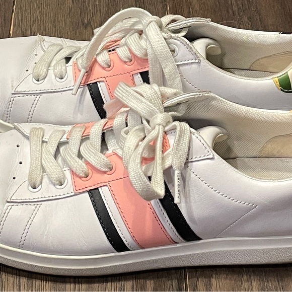 Tory Burch White Pink and Black Leather Athletic Sneakers - Picture 4 of 7